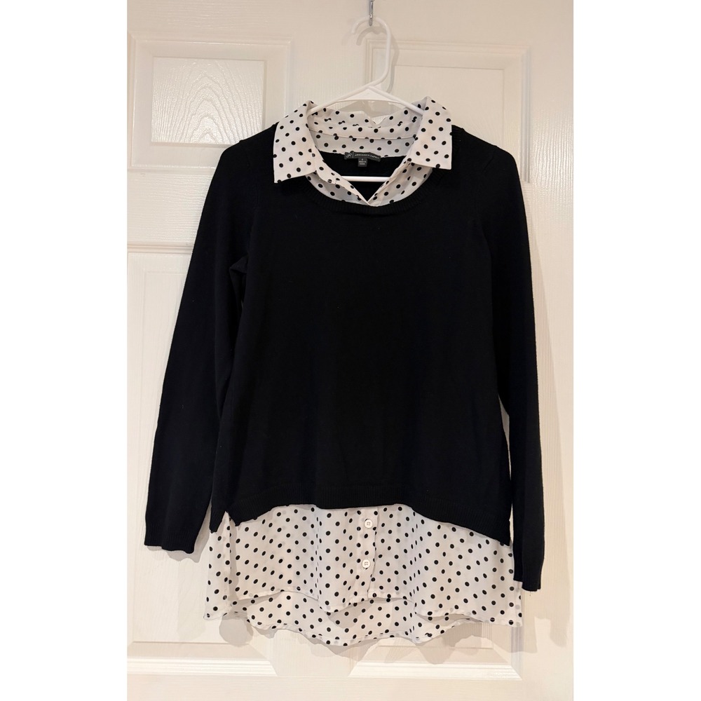 Adrianna Papell Womens Black Polka Dot Layered Look Sweater Top Small Office